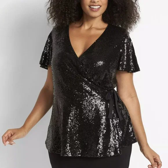 Lane Bryant Tops Lane Bryant Black Peplum Short Sleeve Faux